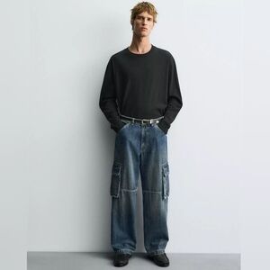 NWT Zara Straight Fit Cargo Jeans Mens Size 30 Blue Pockets Zip Fly 100% Cotton
